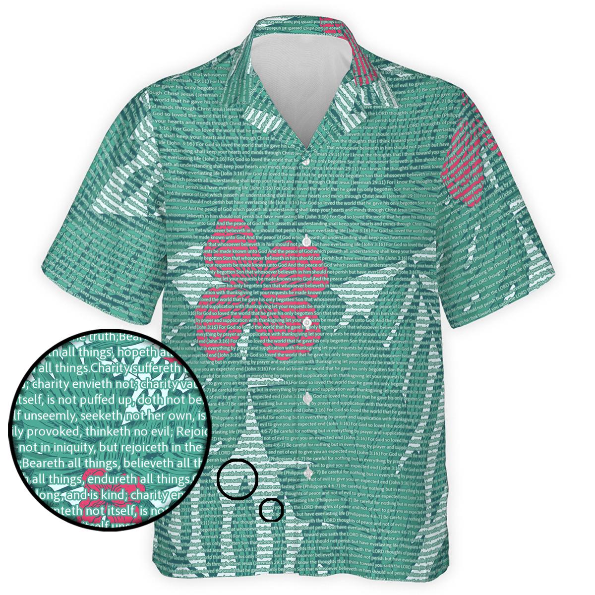 1 Corinthians 13:4-7 Men's Cotton Tropical Floral Scenic Hawaiian Shirt
