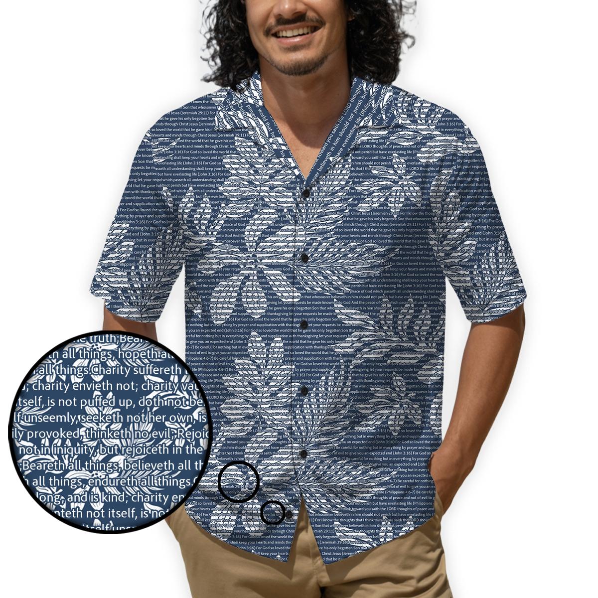 1 Corinthians 13:4-7 Men's Cotton Tropical Floral Scenic Hawaiian Shirt